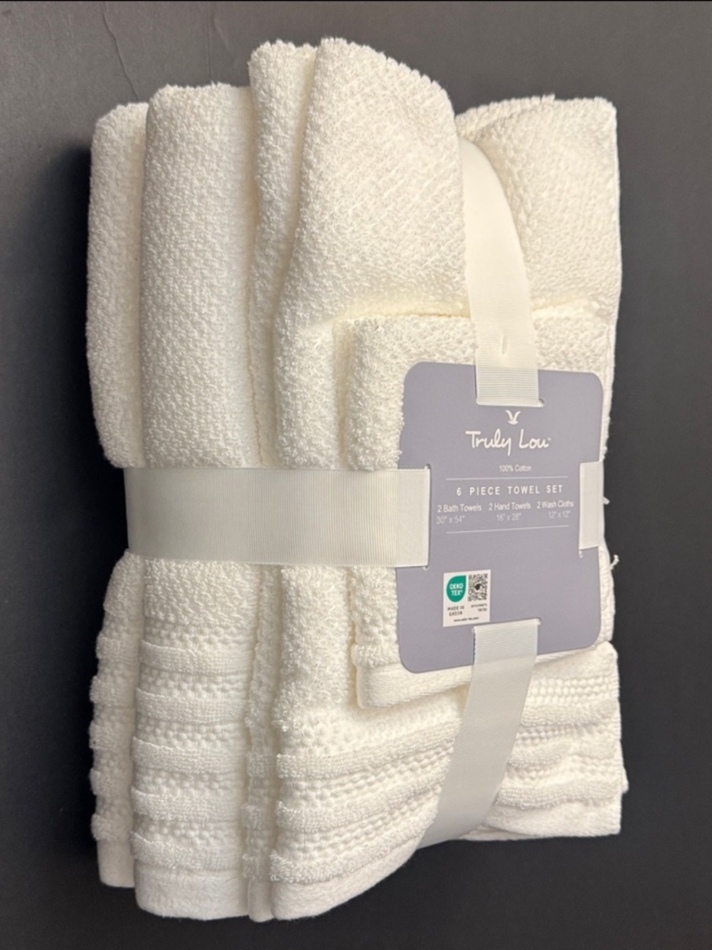 6pc TRULY LOU 100% Cotton Bath Towel Set - White/White